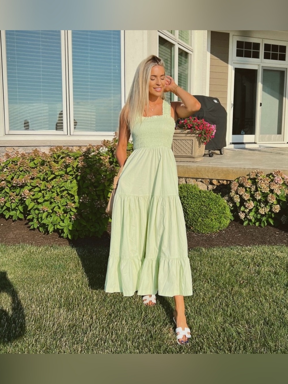 Abercrombie & Fitch Smocked Maxi Dress with Ruffle Straps Square Neck Green